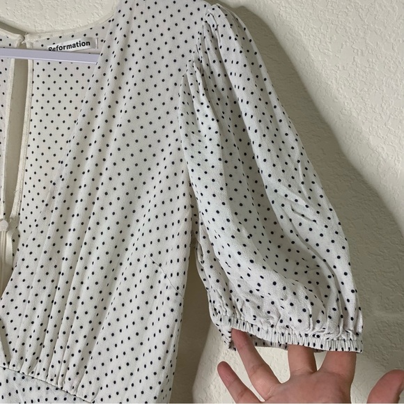Reformation Womens Alcott short sleeve mini dress white black polka dot 12 - Picture 4 of 11